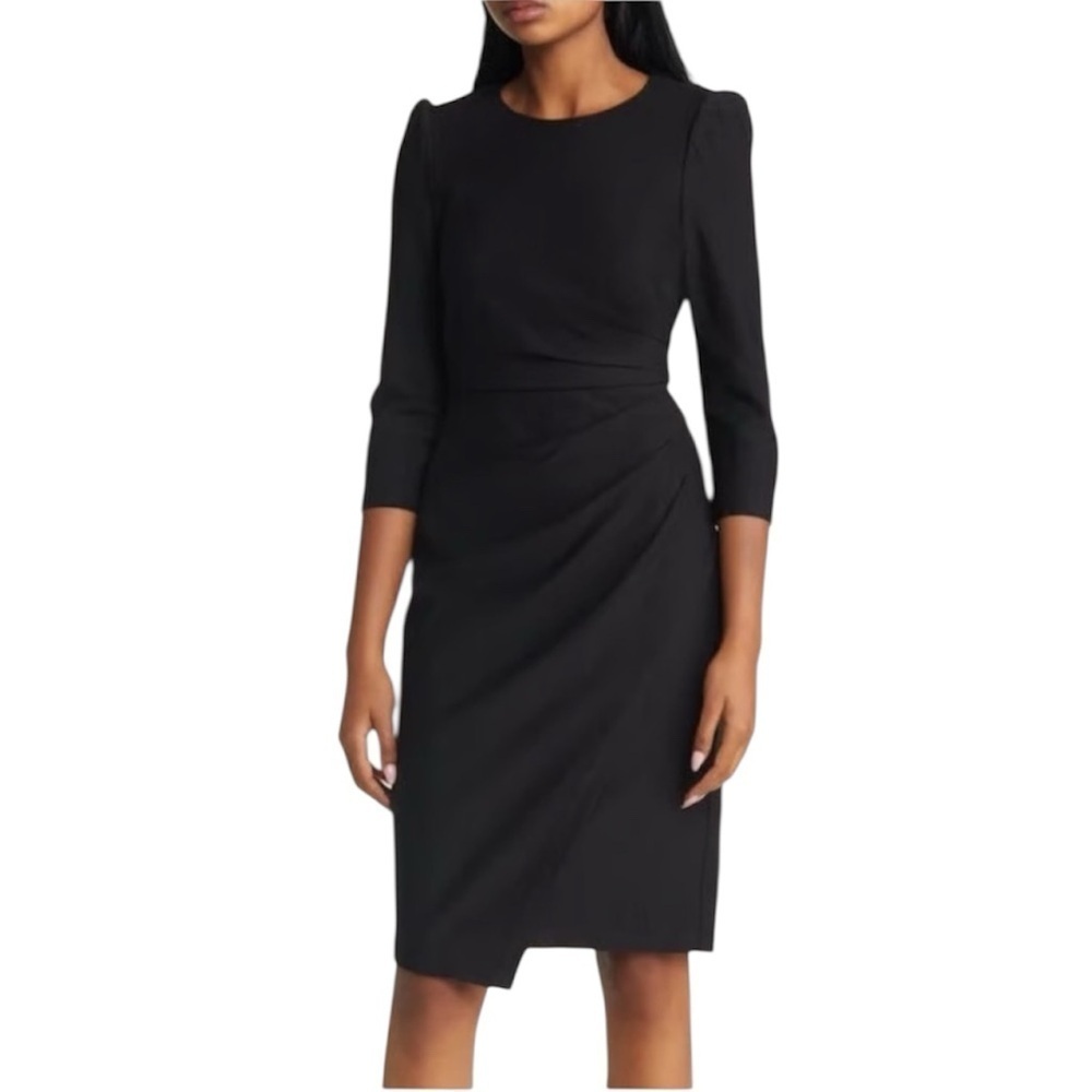 Eliza J Pleated Long Sleeve Dress Black Career Office Business